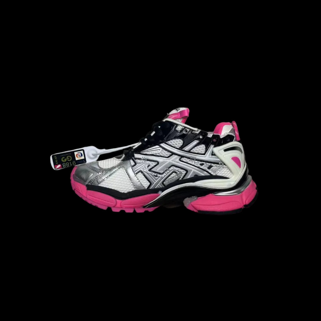 Bold Layered Running Sneakers showcased in a stylish angle with silver and pink detailing on a black background.