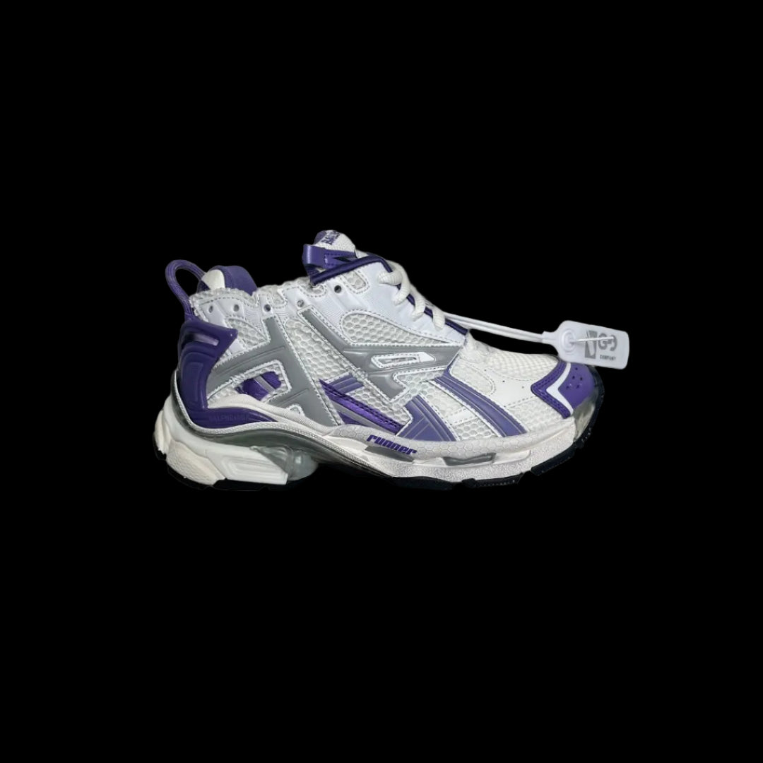 Worn-In Runner Sneakers in white and purple with a distinct layered design for bold streetwear style.