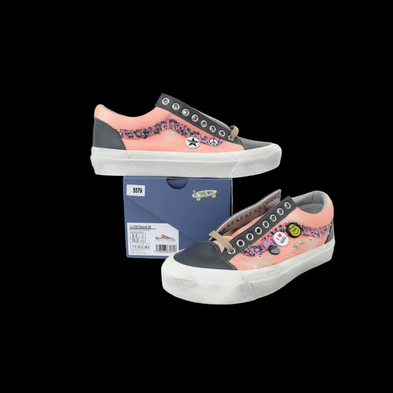 Sat0shi N4kam0to x V4ns33 Premium Limited Edition Sneakers in pink and navy design.