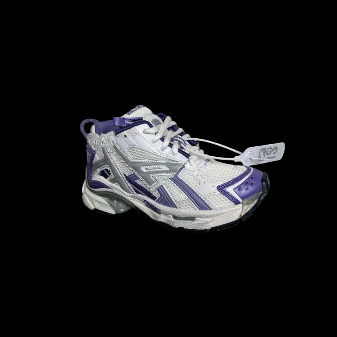Worn-In Runner Sneakers in white and purple with a distinct layered design for bold streetwear style.