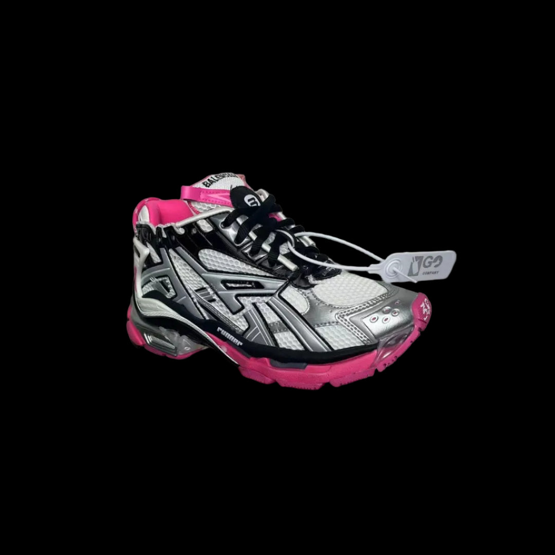 Bold Layered Running Sneakers showcased in a stylish angle with silver and pink detailing on a black background.