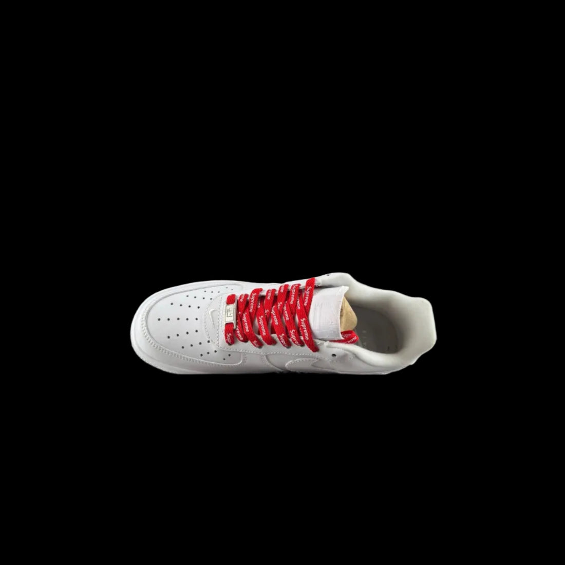 Supreme AF1 Streetwear Sneakers in white with red laces, showcasing a classic basketball silhouette.