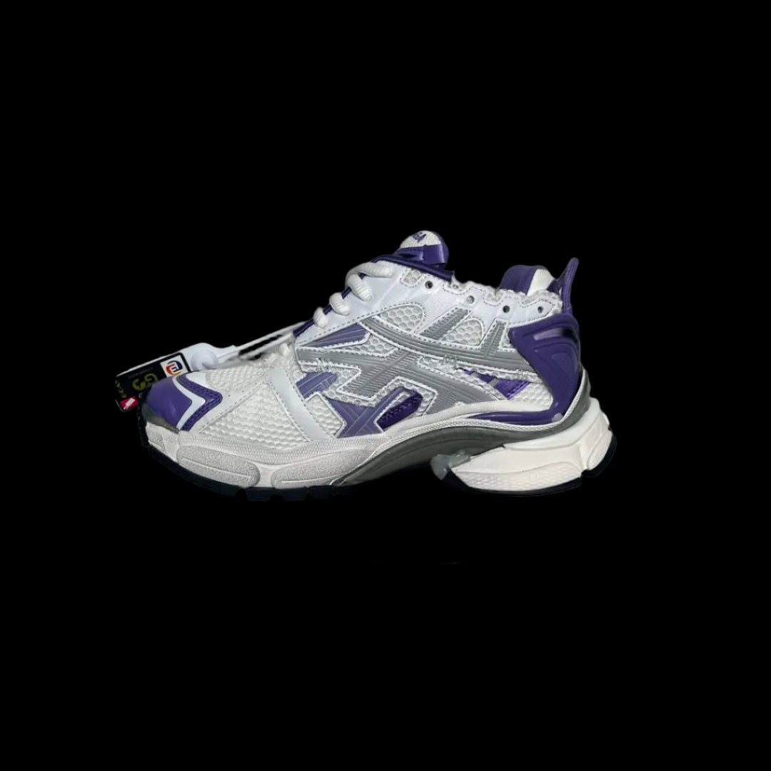 Worn-In Runner Sneakers in white and purple with a distinct layered design for bold streetwear style.