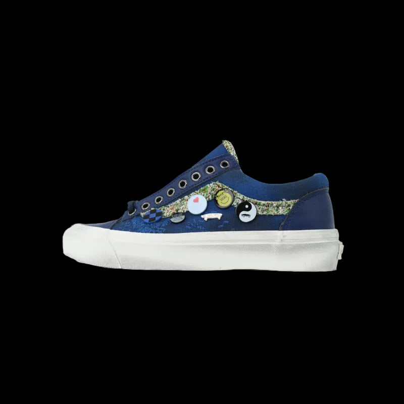 Satoshi Nakamoto x Vans Sneaker featuring blue floral design and unique embellishments on a classic skate silhouette.