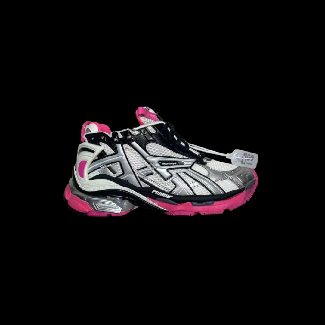 Bold Layered Running Sneakers showcased in a stylish angle with silver and pink detailing on a black background.