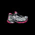 Bold Layered Running Sneakers showcased in a stylish angle with silver and pink detailing on a black background.