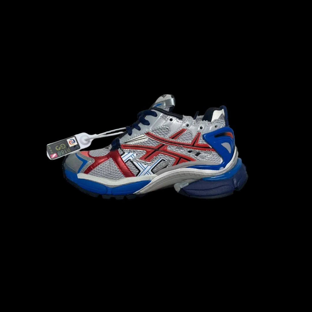 Layered Balenciaga Runners in silver, red, and blue with premium design and bold aesthetic.
