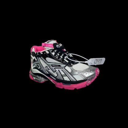 Bold Layered Running Sneakers showcased in a stylish angle with silver and pink detailing on a black background.