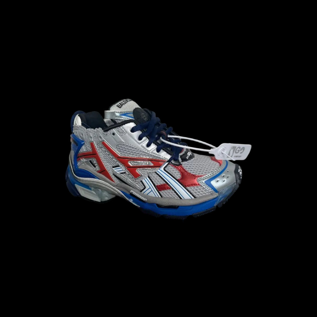 Layered Balenciaga Runners in silver, red, and blue with premium design and bold aesthetic.